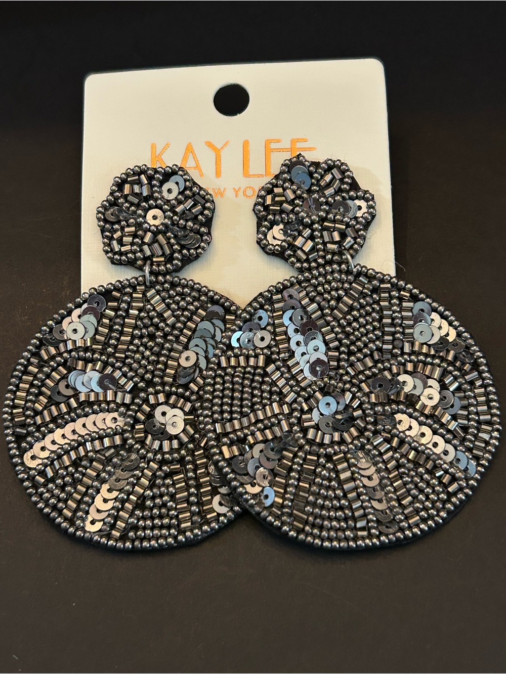 Kay Lee Gunmetal Hand Beaded & Sequin Round Boho Design Drop Earrings